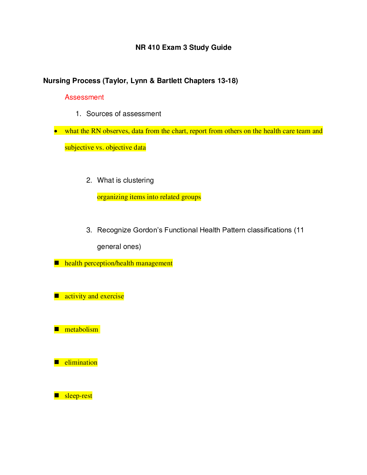 Preview of NR 410 Exam 3 Study Guide, Nursing Process (Taylor, Lynn & Bartlett Chapters 13-18) (Lates